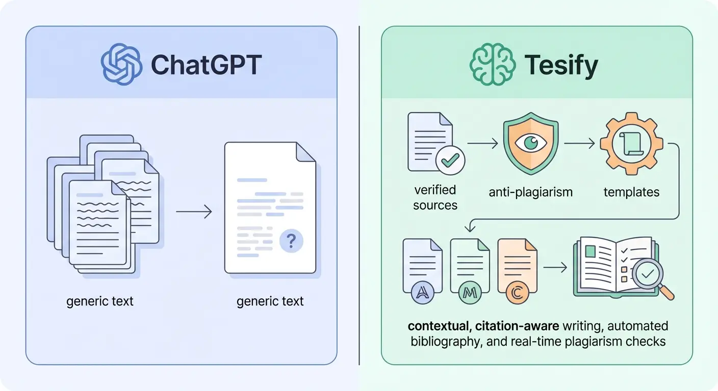 Comparação visual entre ChatGPT e ferramenta IA para tese: ícones representam fontes verificadas, antiplágio, bibliografia automática APA e templates académicos