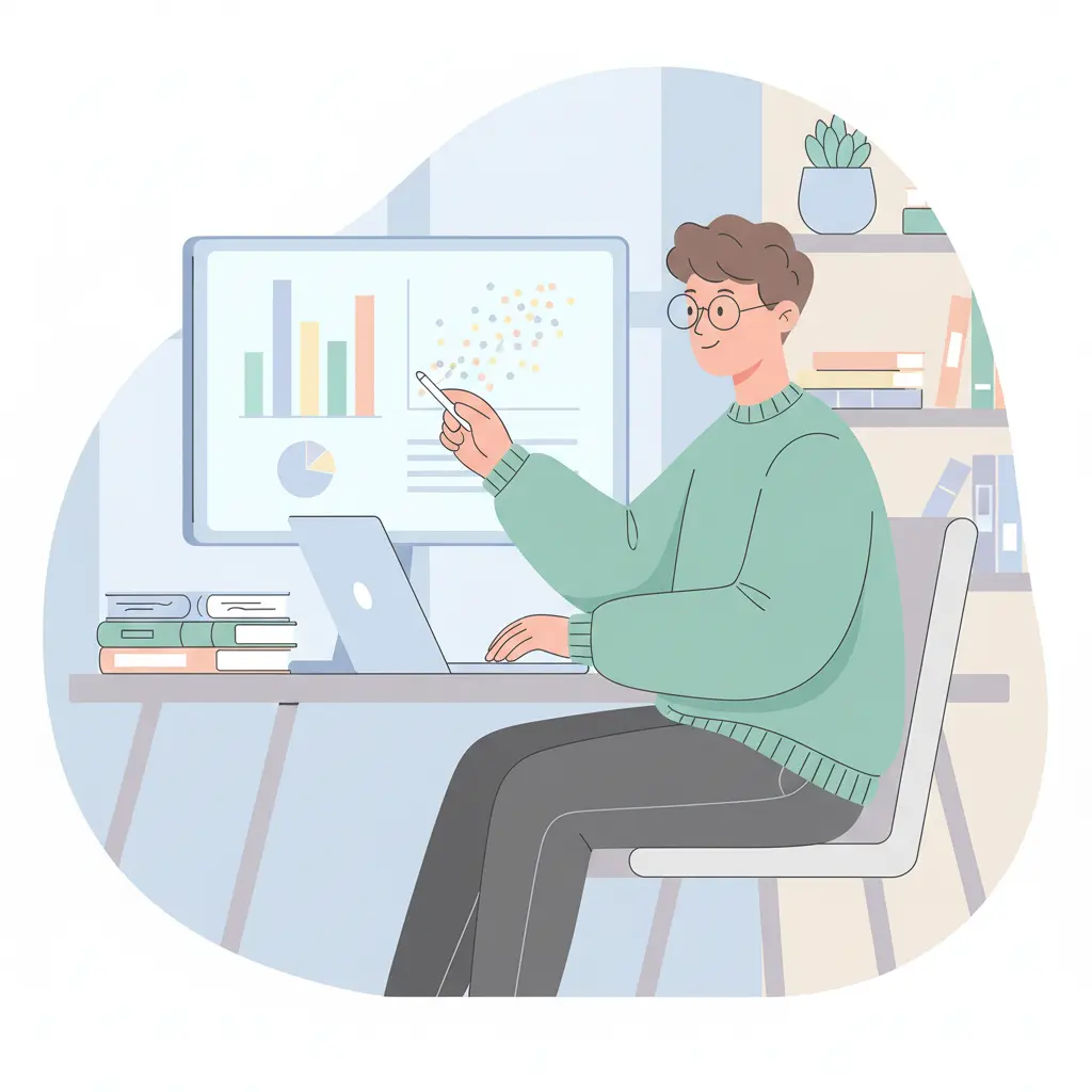 estudante a analisar dados estatísticos com gráficos de barras e dispersão no monitor durante a dissertação de mestrado