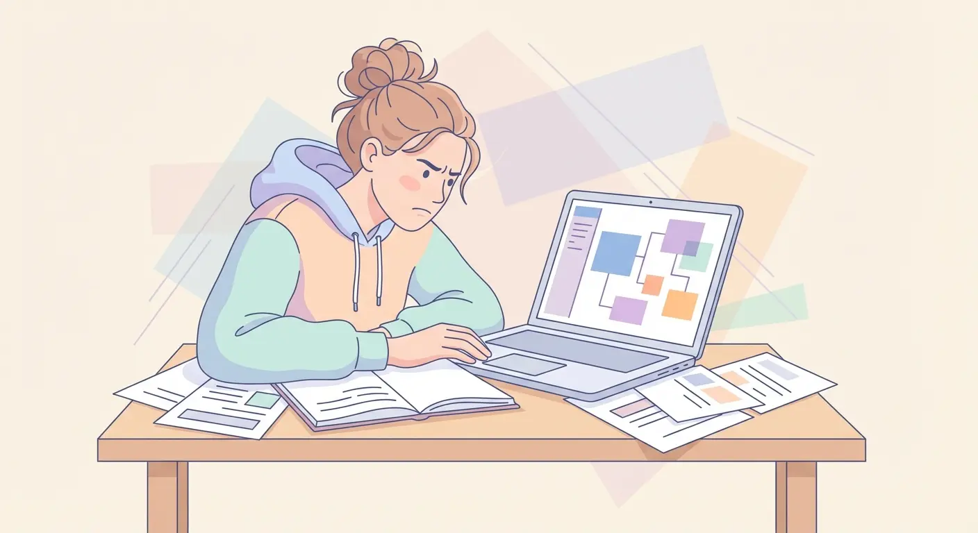 Estudante frustrado a trabalhar numa tese com Inteligência Artificial, frente a um computador, em ambiente de estudo com tons pastel, destacando o tema Tese com Inteligência Artificial