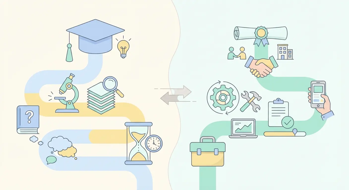 Tese de mestrado vs TFC em Portugal — comparação visual dos dois caminhos de aprovação: investigação aprofundada versus aplicação prática