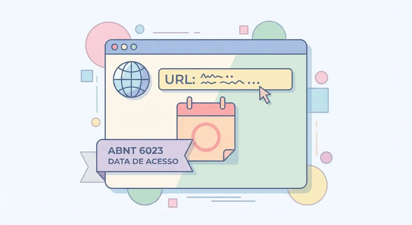 Ilustração de referência de site nas normas ABNT NBR 6023 com destaque para URL e data de acesso obrigatória