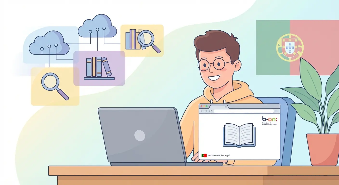 Estudante português a aceder à b-on (Biblioteca do Conhecimento Online) num portátil, com ícones abstratos de bases de dados ao fundo.