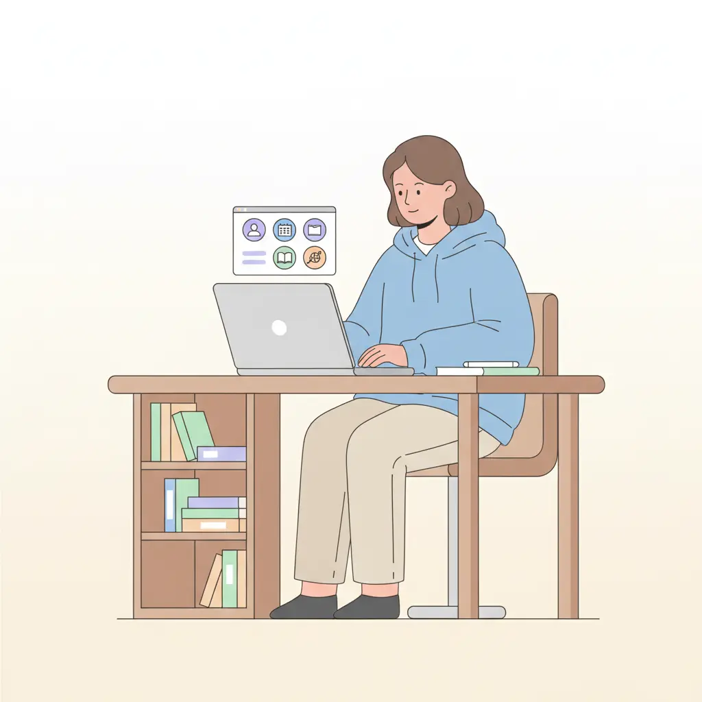Estudante de mestrado a trabalhar em referências bibliográficas automáticas no computador com gestor de referências visível no ecrã