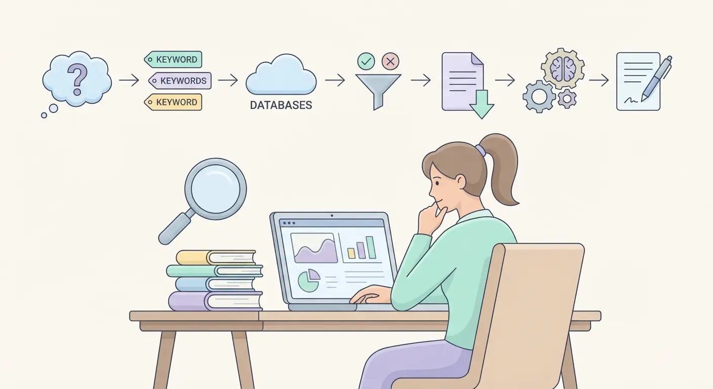 Investigador a realizar revisão de literatura para tese em 2026 — processo de metodologia de investigação com bases de dados e síntese crítica