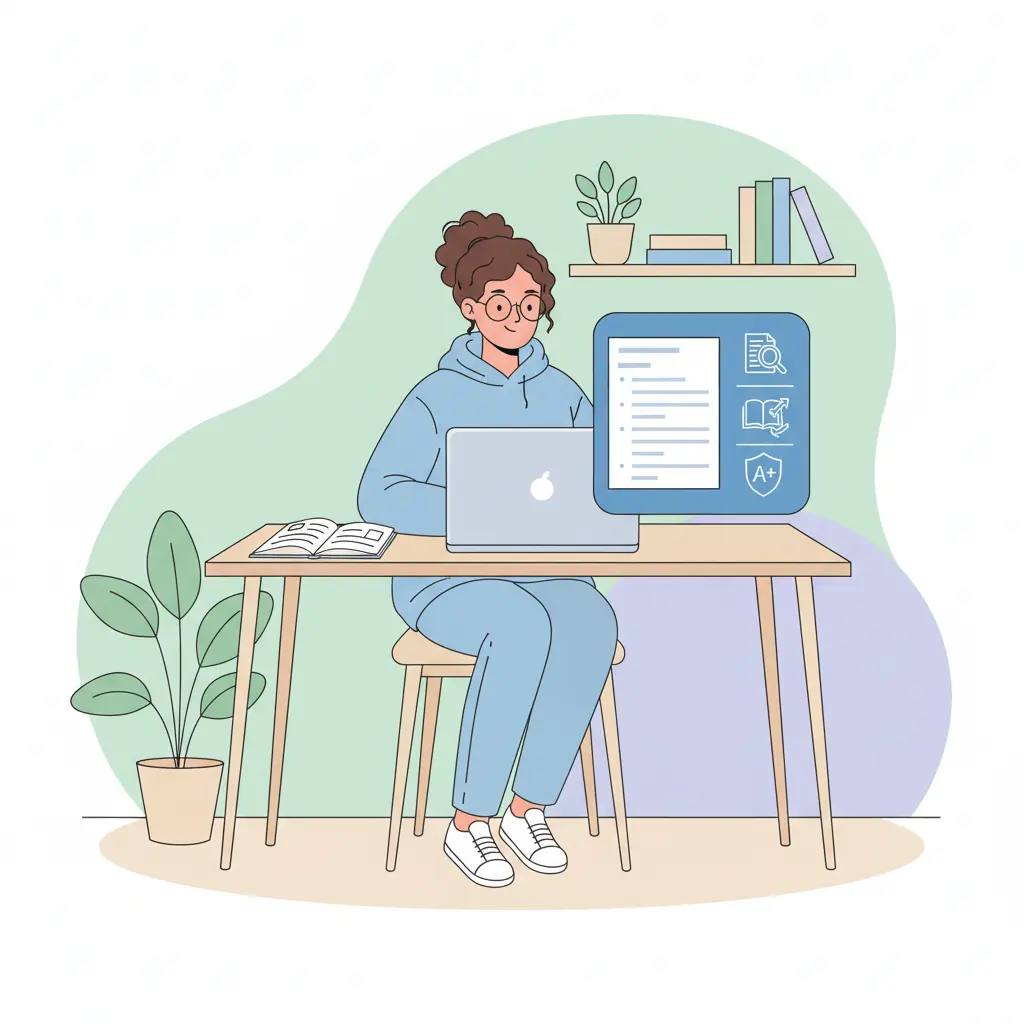 Estudante brasileiro verificando plágio no TCC com notebook, seguindo normas ABNT NBR 10520 para citações acadêmicas