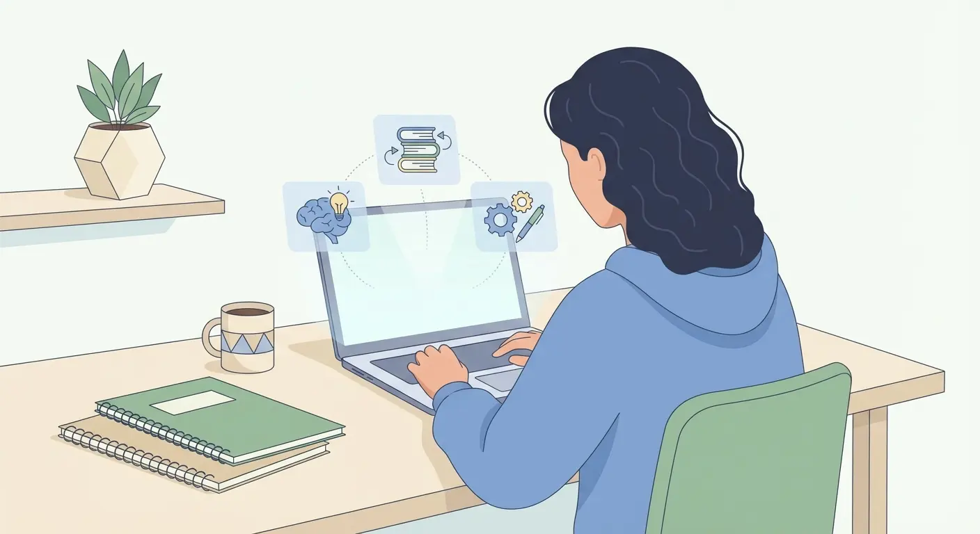 Estudante universitário português a usar ferramenta IA para tese no computador, com notas e caneca de café na secretária