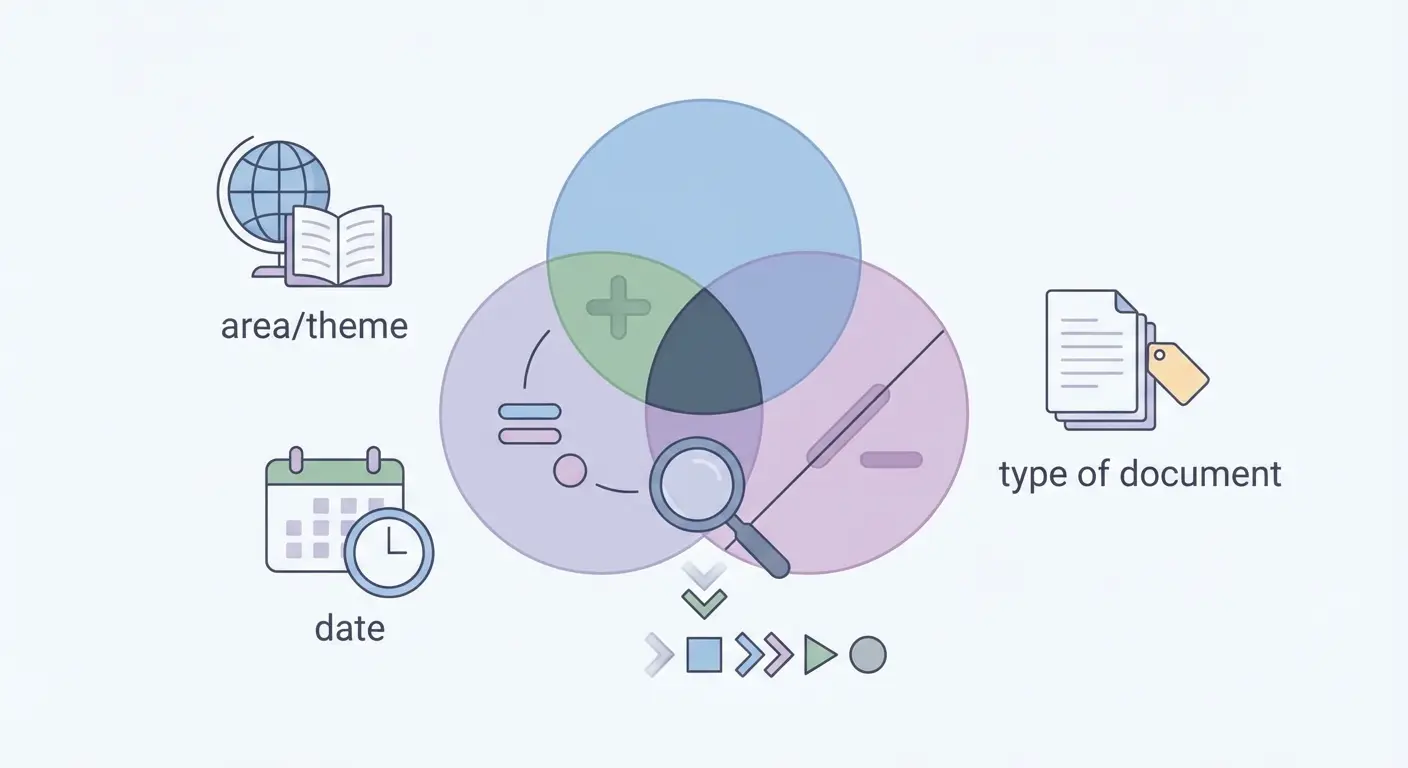 Diagrama visual de operadores booleanos AND OR NOT para pesquisa avançada no RCAAP com filtros por área, data e tipo de documento