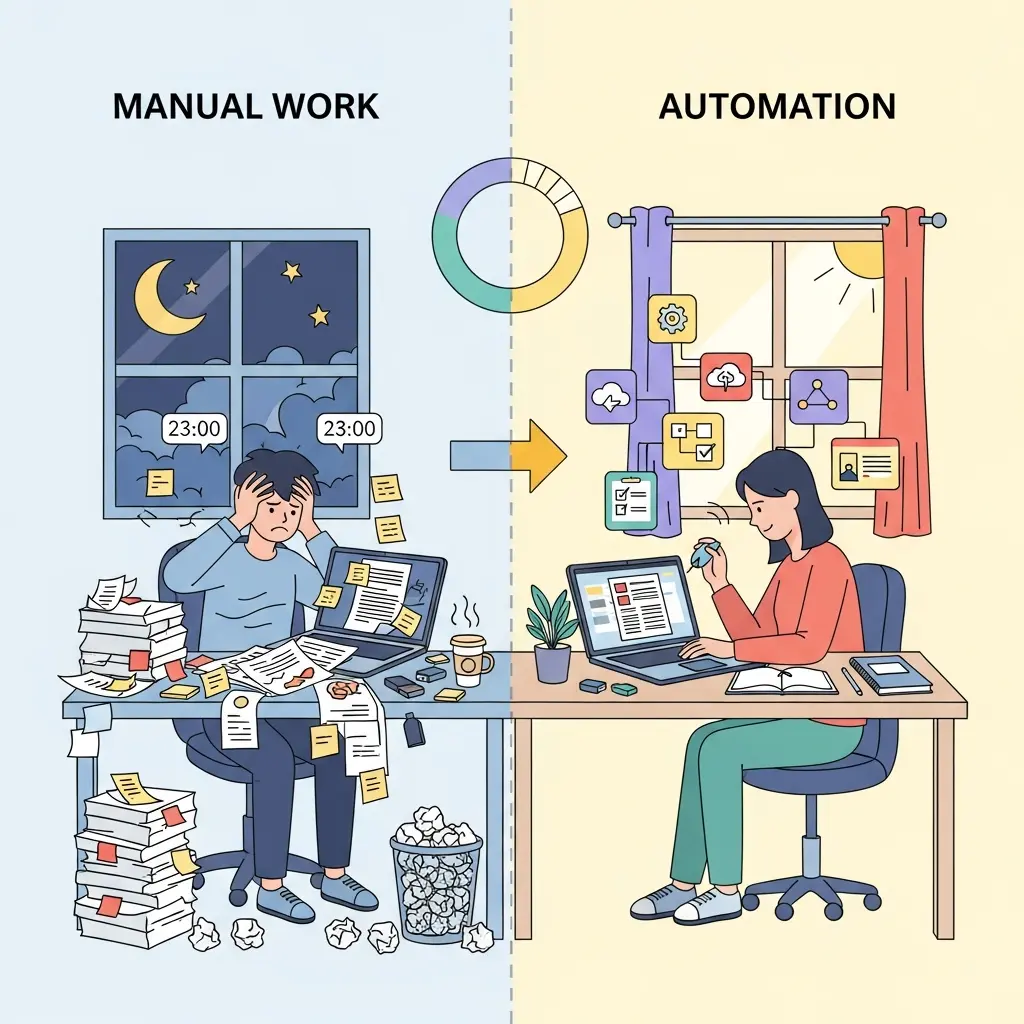 Comparação visual entre trabalho manual e automação na tese: estudante frustrado com tarefas repetitivas versus estudante produtivo com ferramentas de automação