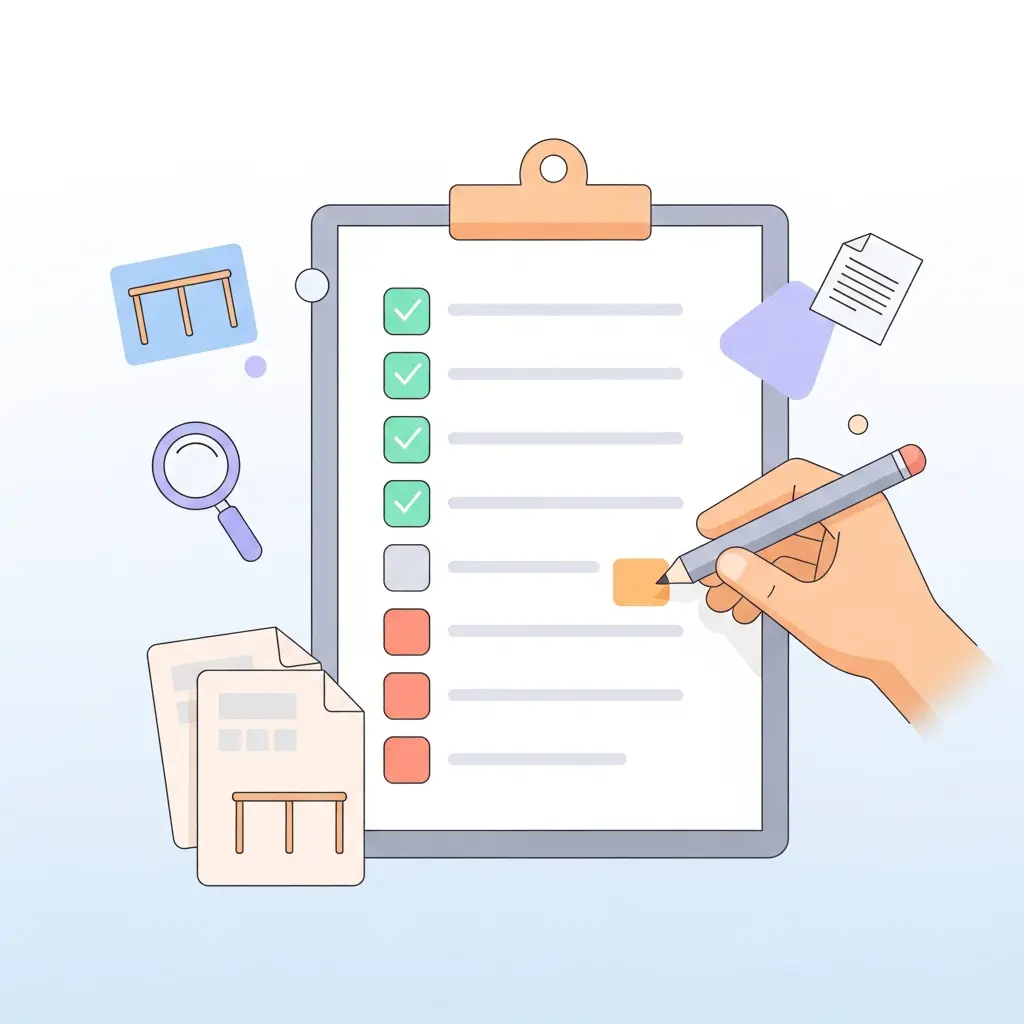 Ilustração de uma checklist de auditoria de tabelas para teses académicas com itens verificados e pendentes