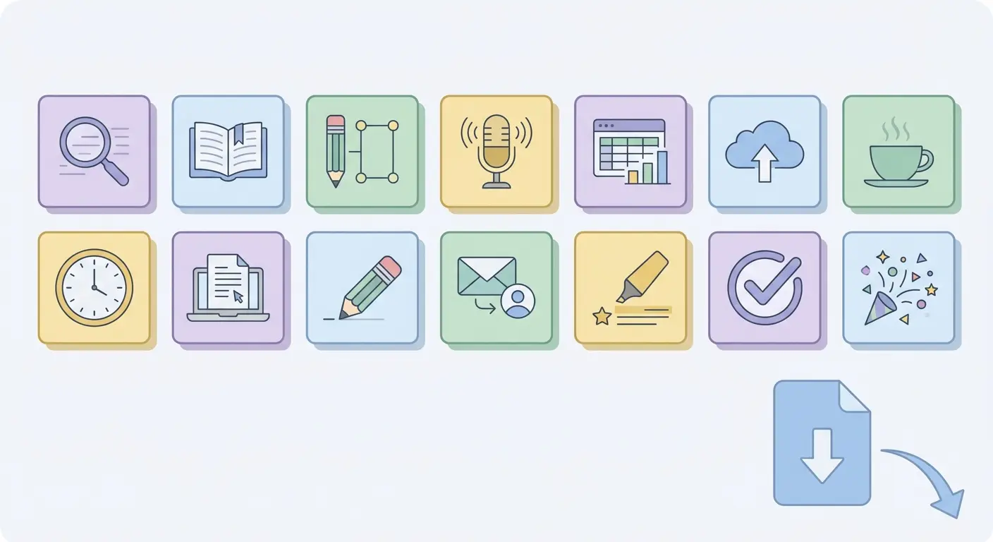 Checklist visual de 14 dias do zero ao primeiro capítulo da tese — plano passo a passo com ícones de tarefas diárias