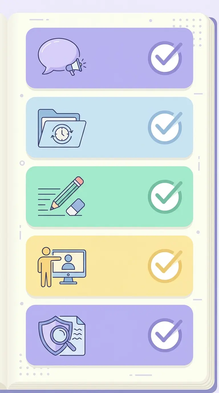 Infográfico tipo checklist vetorial mostrando passos visuais para uso responsável de IA na tese — declarar uso, guardar histórico, editar outputs, consultar orientador, executar verificação de originalidade