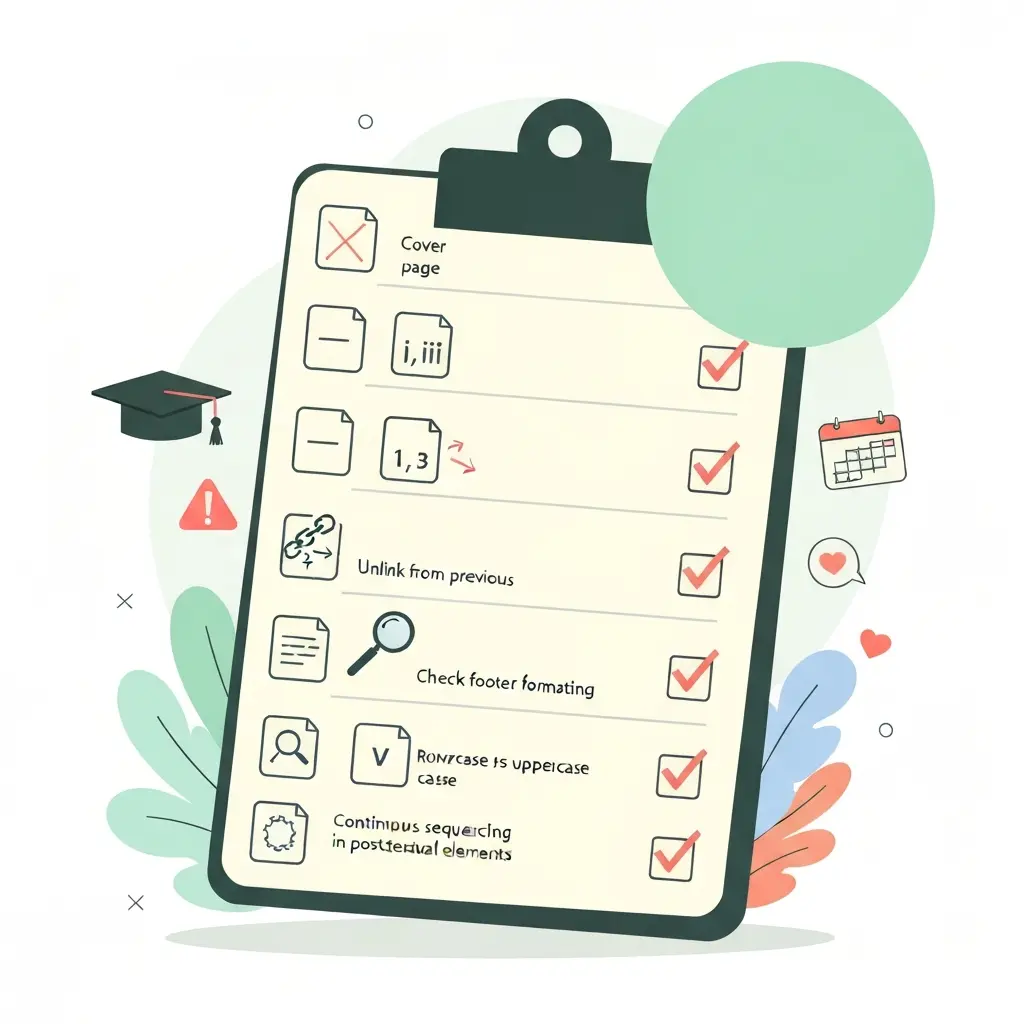 Guia visual passo a passo para configurar a paginação da tese no Word: quebra de secção, desligar rodapé, aplicar numeração romana e reiniciar numeração árabe em 1
