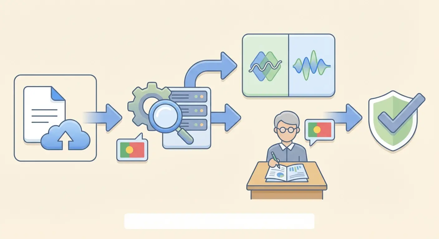 Diagrama do processo de deteção de IA: submissão, deteção automática (similaridade + IA), revisão humana