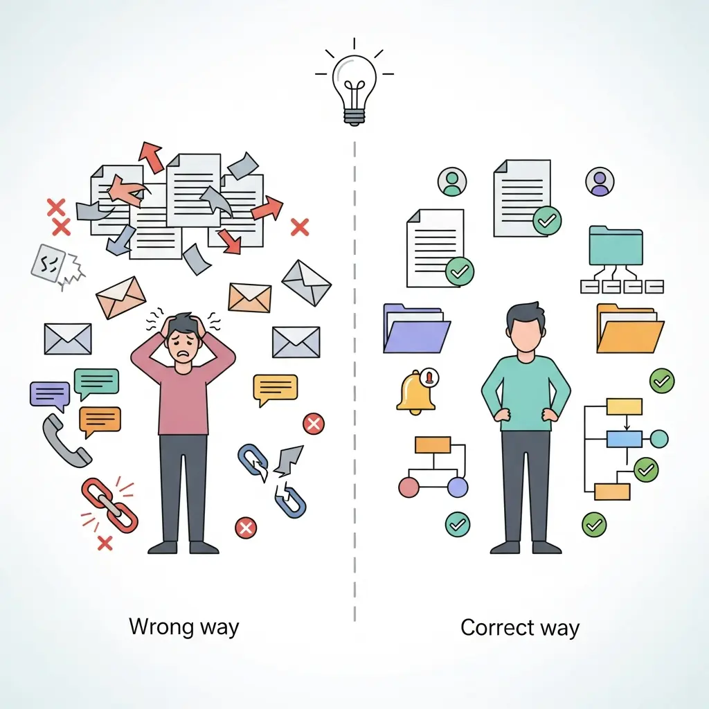 Ilustração comparativa entre erros comuns de colaboração na tese (caos, versões conflituantes) e a abordagem correta com ferramentas organizadas