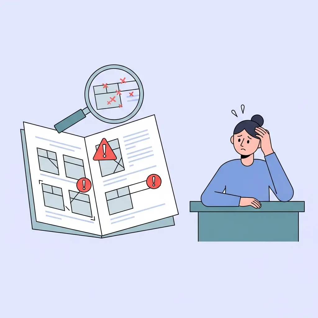 Ilustração de um estudante preocupado a analisar erros de formatação em tabelas da tese de mestrado