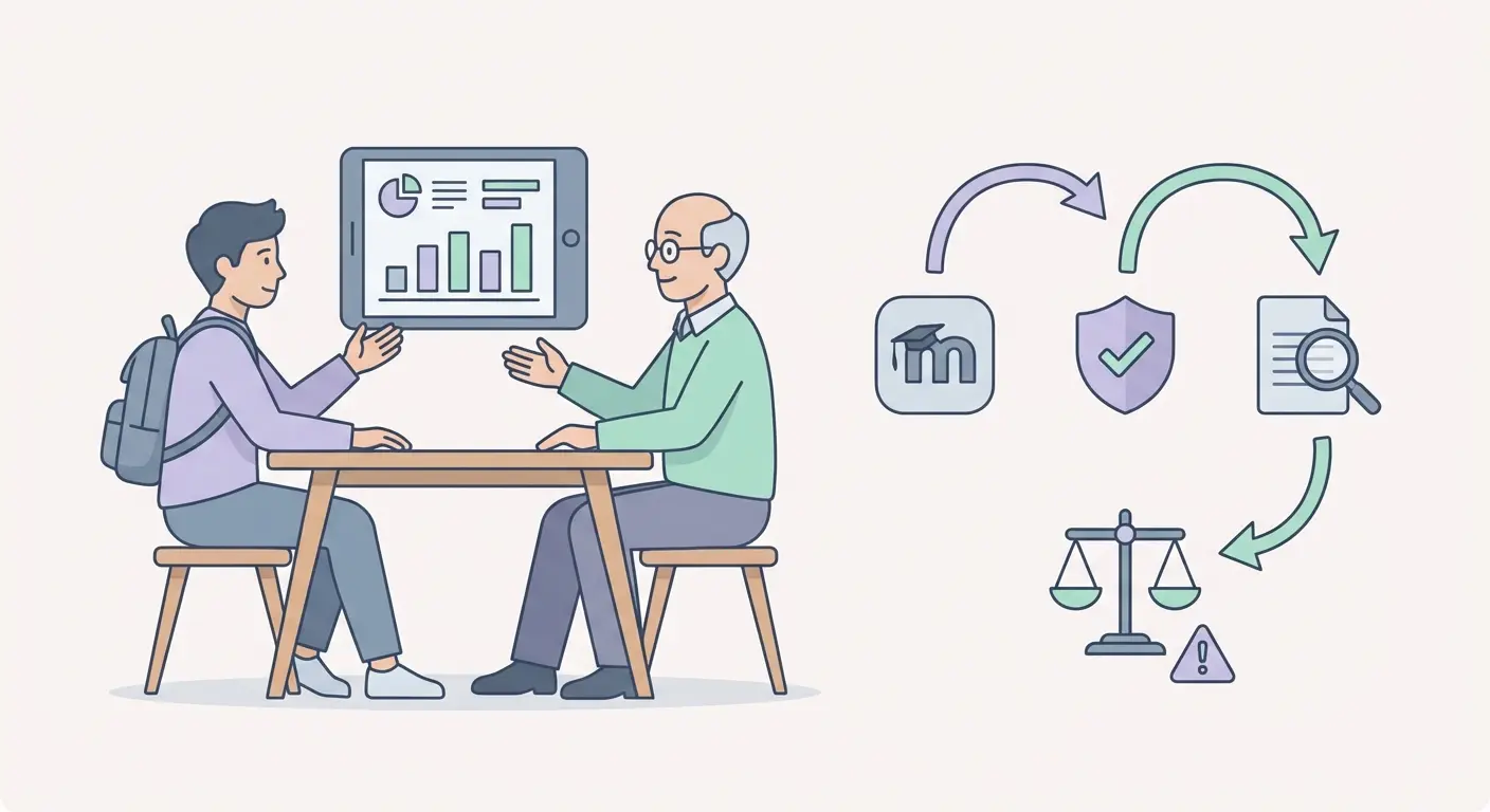 Ilustração para seção FAQ sobre deteção de IA em teses na ULisboa – estudante e orientador a discutir relatório do Turnitin, fluxograma de submissão via Moodle/antiplagio para Turnitin.