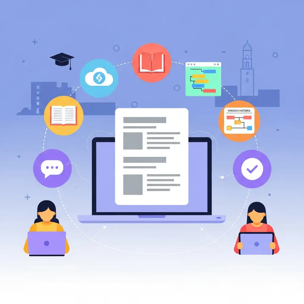 Ilustração de workflow colaborativo para tese universitária com ferramentas digitais de co-escrita, gestão de referências e brainstorming visual