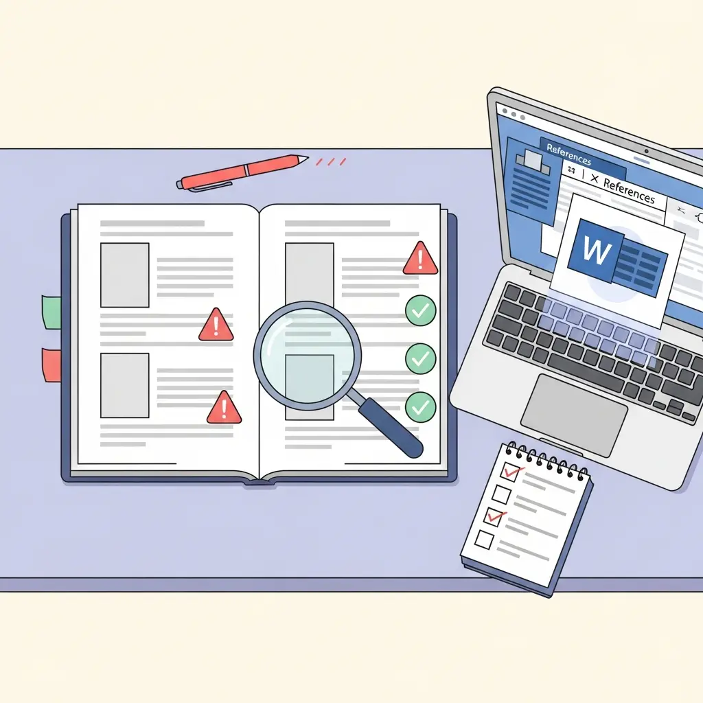 Secretária de estudante universitário com tese aberta mostrando erros em figuras assinalados a vermelho e verde, lupa e interface do Word com separador de Referências