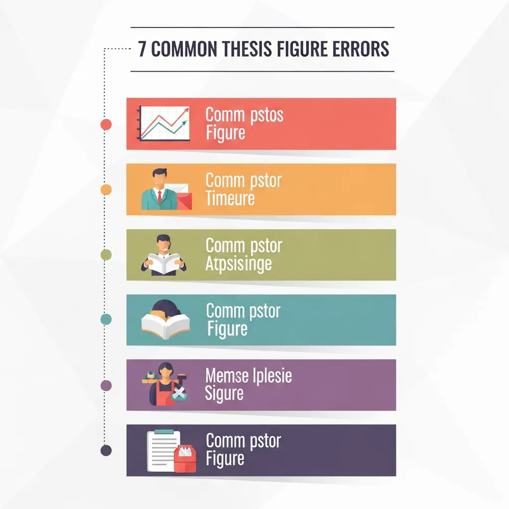 Infográfico vertical com os 7 erros mais comuns em figuras de tese: legendas manuais, numeração inconsistente, baixa resolução, sem referência cruzada, lista manual, formatação errada e sem fonte
