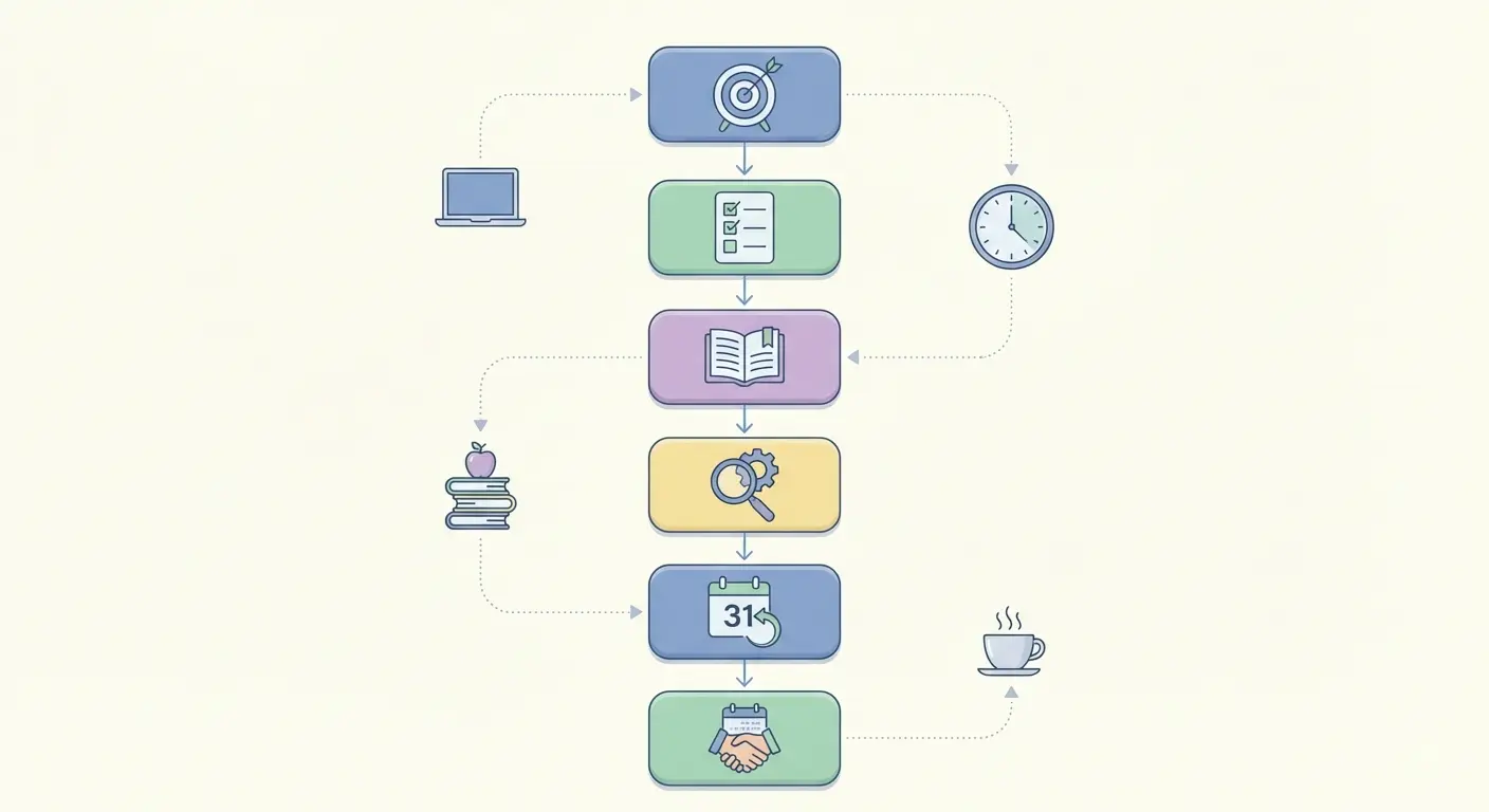 Mapa de decisões para começar tese — infográfico passo a passo com seis etapas desde a delimitação do tema até à reunião com o orientador