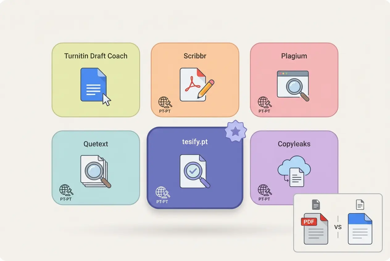 Comparação de programas para verificar plágio em português — Turnitin, Scribbr, Plagium, Quetext, Copyleaks e tesify.pt
