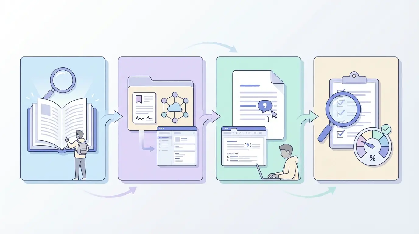 Diagrama do método BEST para gerir citações do TFC — fluxo Buscar, Estruturar, Sistematizar, Testar