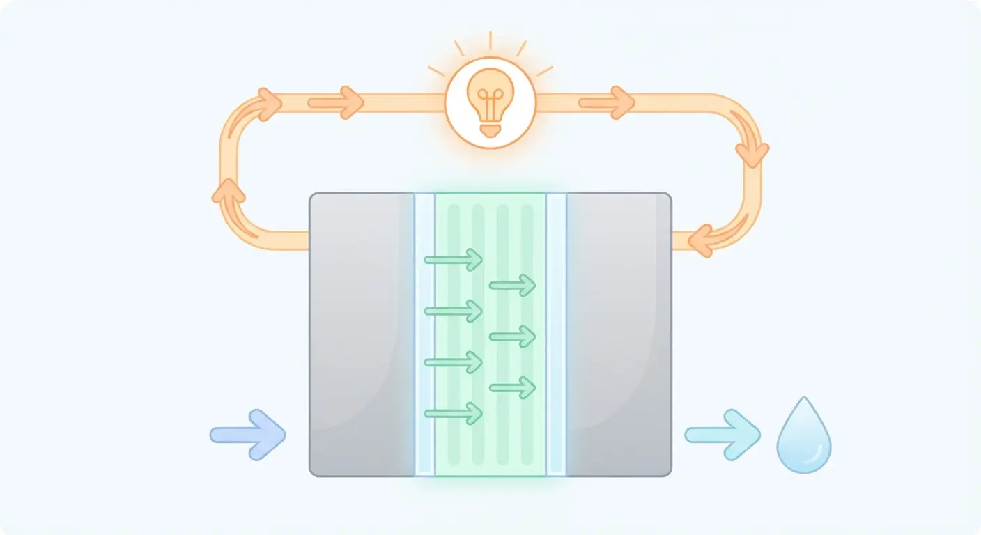 Diagrama vetorial educativo de uma célula de combustível PEM em corte transversal, representando ânodo, membrana e cátodo com fluxo de protões e circuito externo