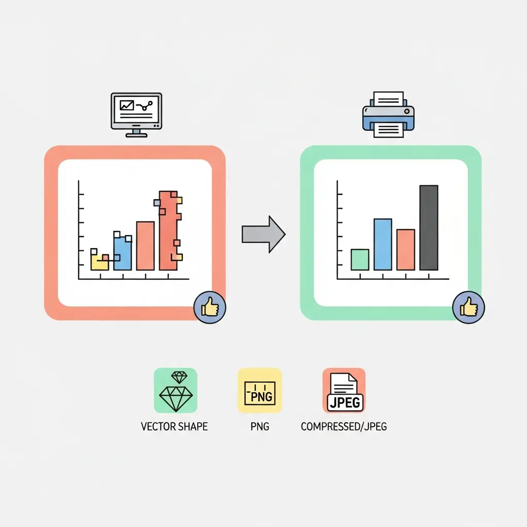 Comparação lado a lado de resolução de imagem em tese: gráfico pixelizado a 72 DPI versus gráfico nítido a 300 DPI, com hierarquia de formatos vetorial, PNG e JPEG