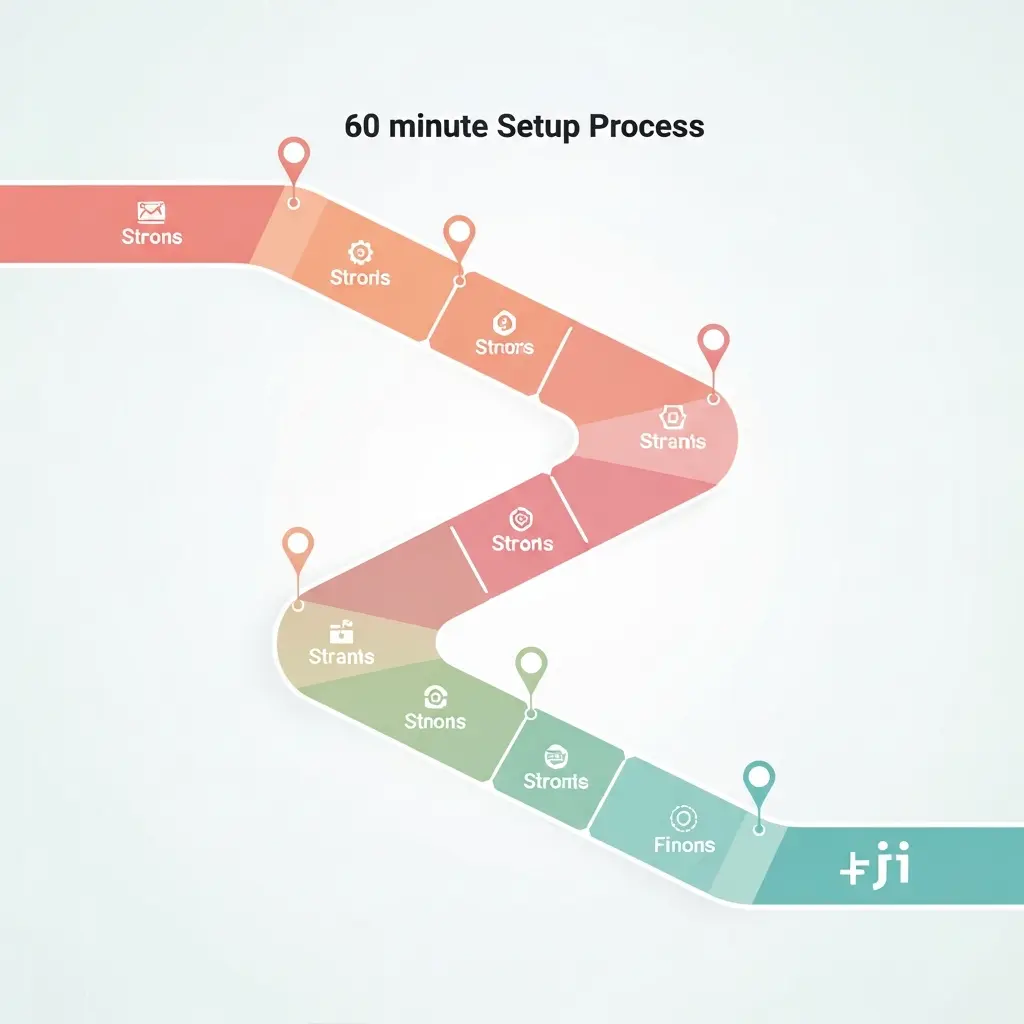 Roadmap visual do setup de automação da tese em 60 minutos: instalar Zotero, configurar cloud, criar vault no Obsidian, montar dashboard no Notion e ativar índices automáticos