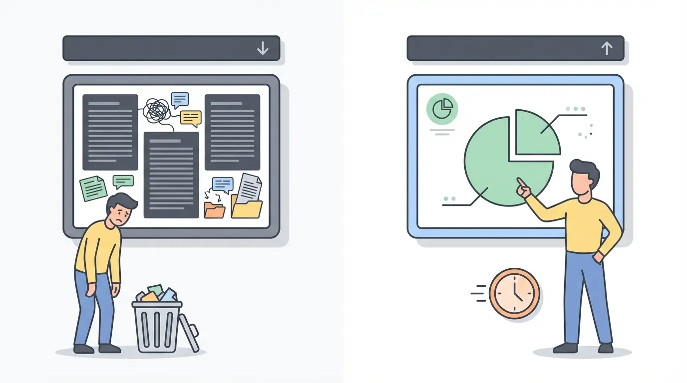Comparação visual entre slides maus e slides bons para defesa do TFC, mostrando design limpo e gestão do tempo — ilustração educativa e minimal sem texto