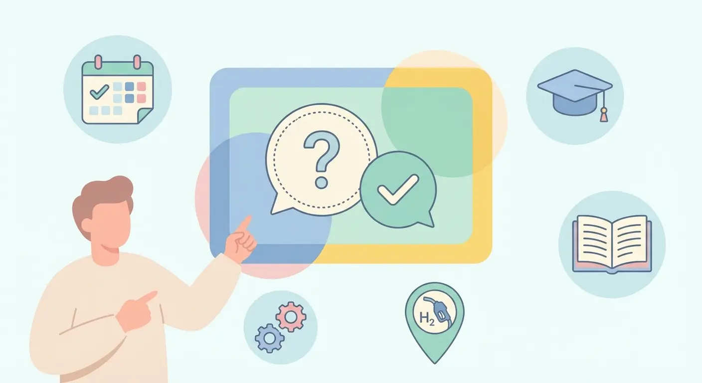 Ilustração para secção FAQ sobre TFC hidrogénio — ícones de calendário, defesa, ferramentas de simulação e infraestrutura de hidrogénio