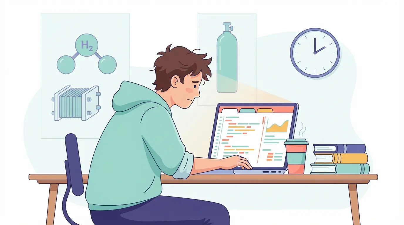 Aluno de engenharia a trabalhar num TFC sobre hidrogénio à noite — cena ilustrativa de projeto, laptop e ícones de fuel cell