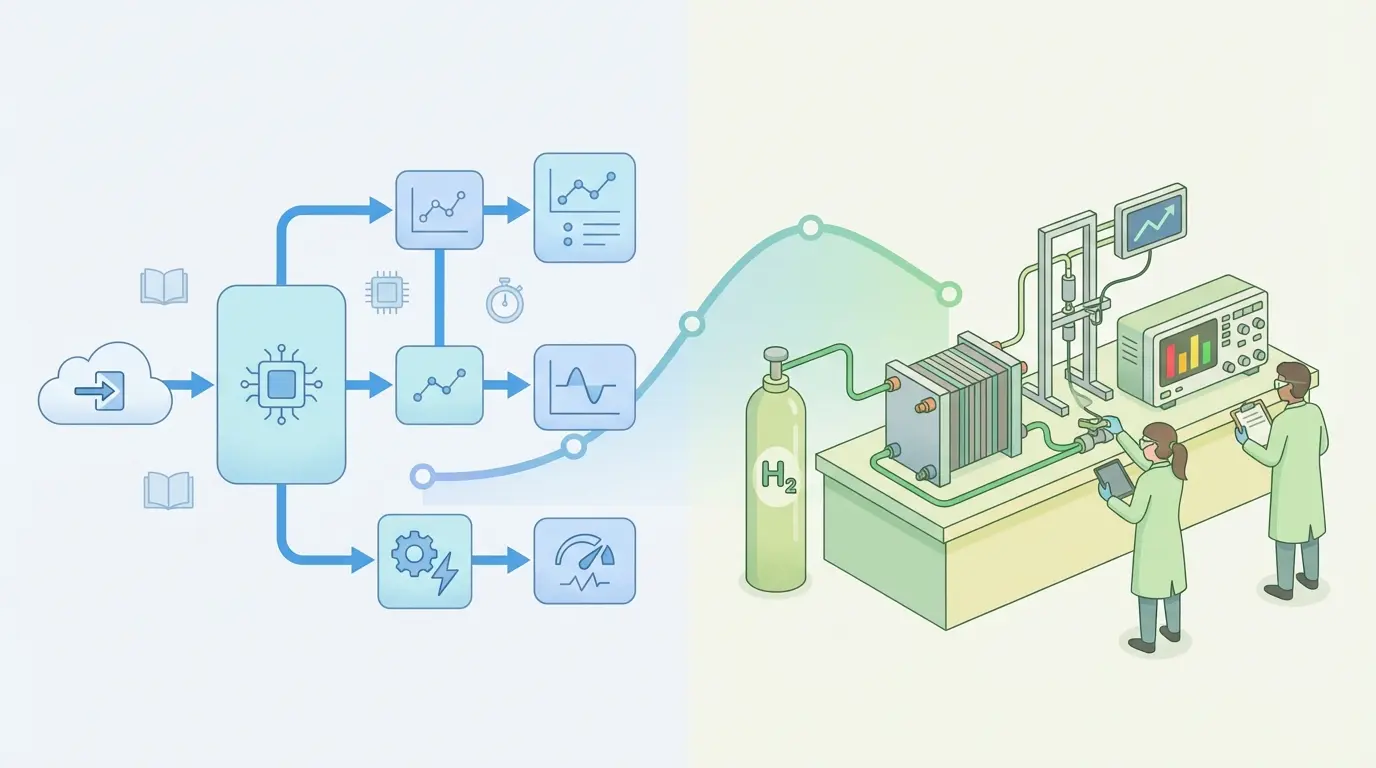 Ilustração comparativa de simulação versus validação experimental para projetos TFC de hidrogénio — Simulink e banco de ensaio com técnicos