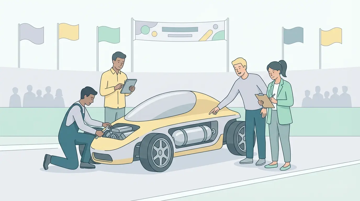 Ilustração do projeto TFC01 do IST — estudantes junto a um protótipo de carro a hidrogénio numa pista de competição Shell Eco-marathon