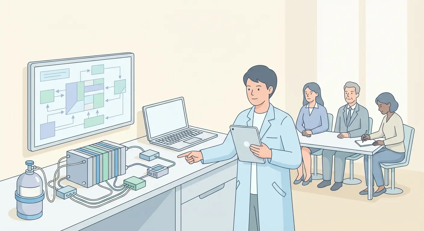 Estudante a defender um TFC em hidrogénio perante uma banca, com bancada experimental de célula de combustível PEM e elementos de laboratório