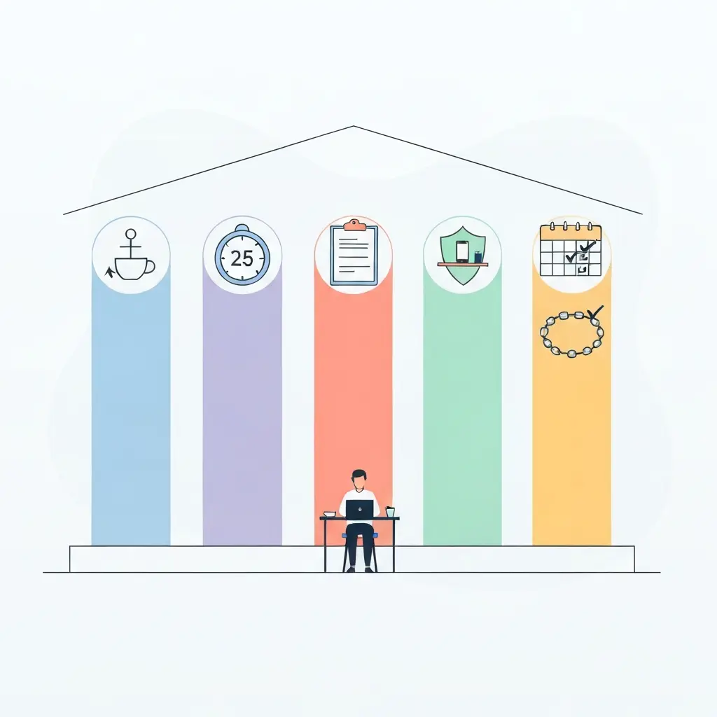 Ilustração do ciclo de procrastinação de um estudante de mestrado ao tentar escrever a tese: laptop aberto com documento em branco, ícones de redes sociais, relógio, café e nuvem de culpa em loop circular