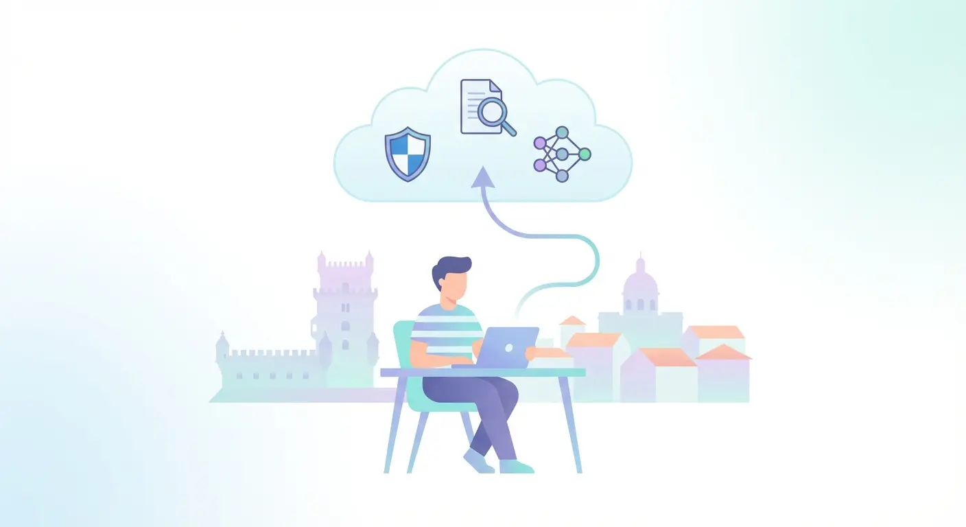 Ilustração estilizada da Universidade de Lisboa a detetar uso de IA em teses — estudante a submeter ficheiro com ícones de análise, escudo de proteção e rede neuronal