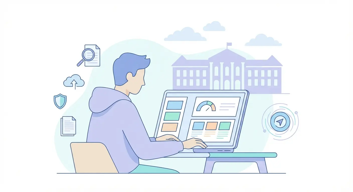 Ilustração de um estudante a submeter uma tese e a verificar análise no Turnitin/antiplagio.ulisboa.pt — verificação de IA e similaridade na Universidade de Lisboa.