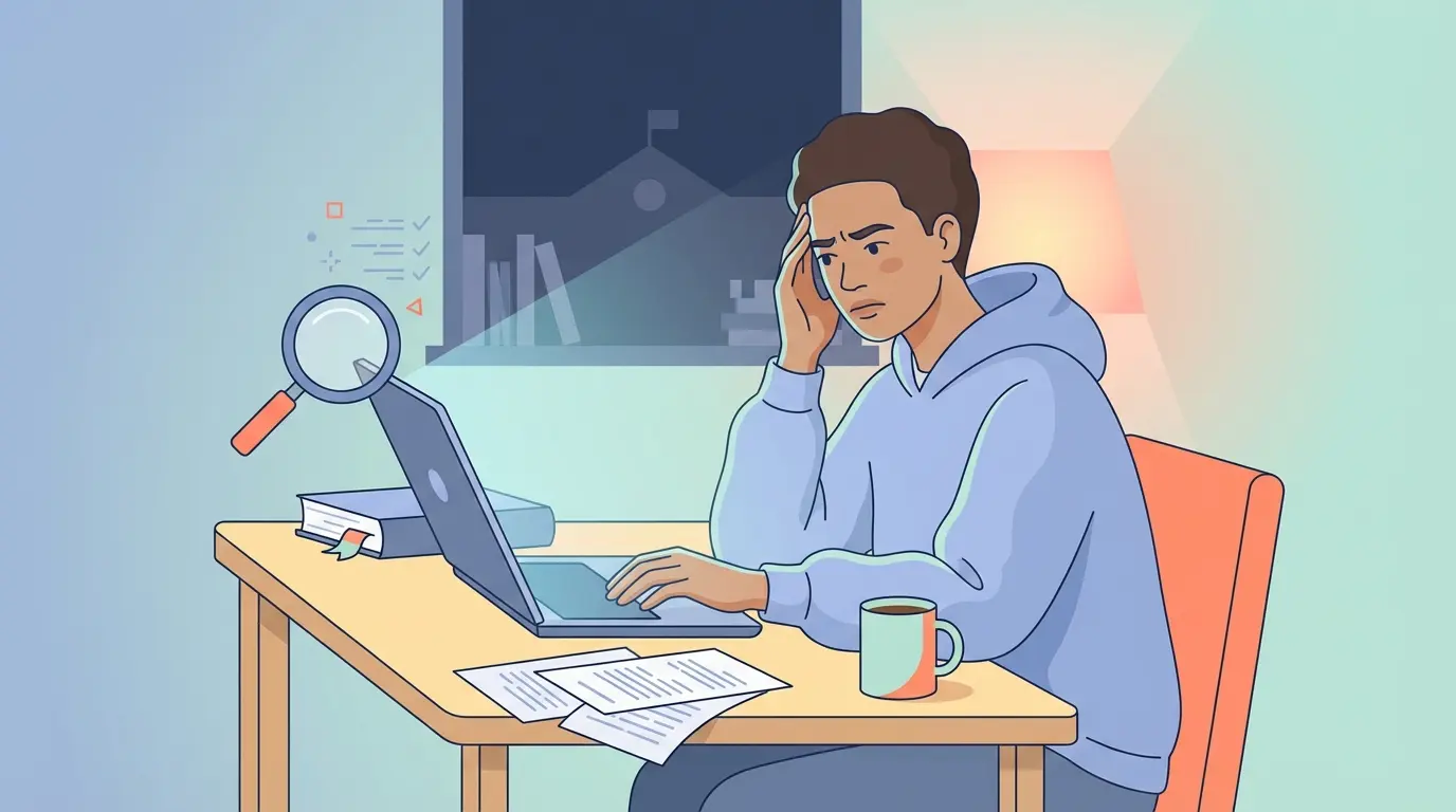 Estudante universitário a verificar plágio no portátil de madrugada — verificar plágio online grátis antes da entrega do TCC