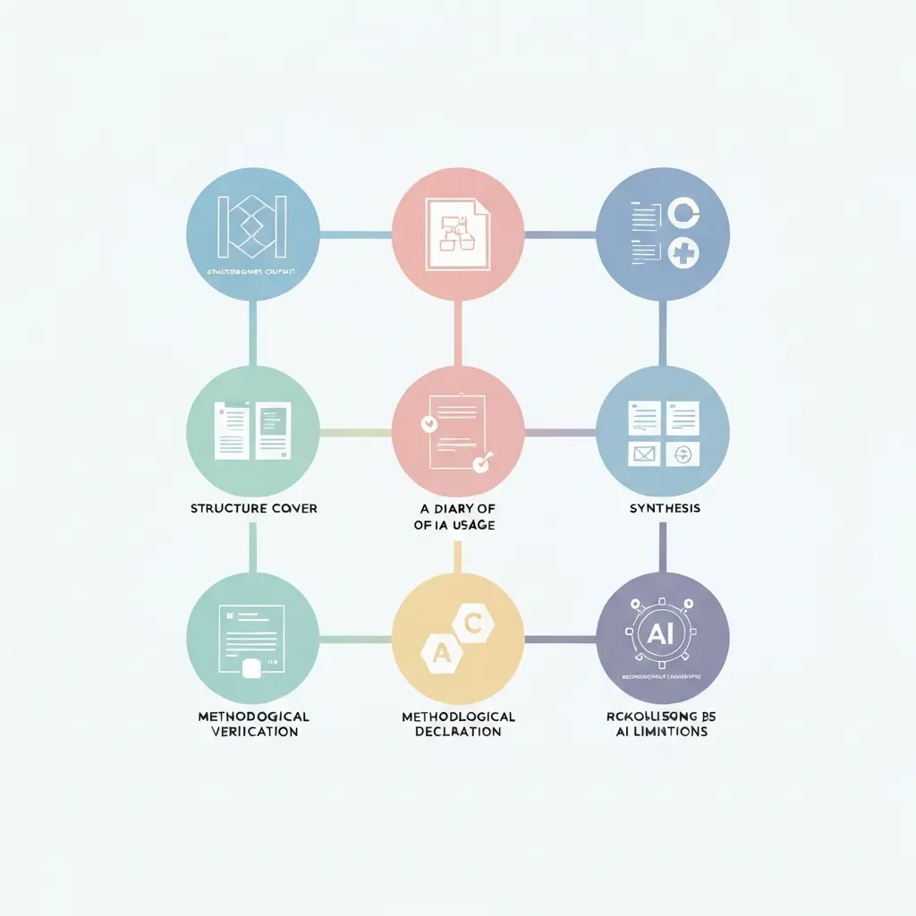 Sete práticas éticas para uso de inteligência artificial em teses e trabalhos académicos, representadas por ícones de síntese, verificação, declaração metodológica e pensamento crítico