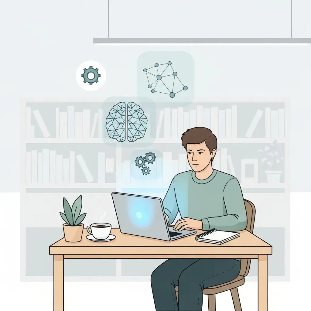 Estudante a usar IA no TCC com laptop numa biblioteca, com ícones de inteligência artificial flutuando acima do ecrã — ilustração vetorial educativa sobre uso de IA em trabalhos académicos