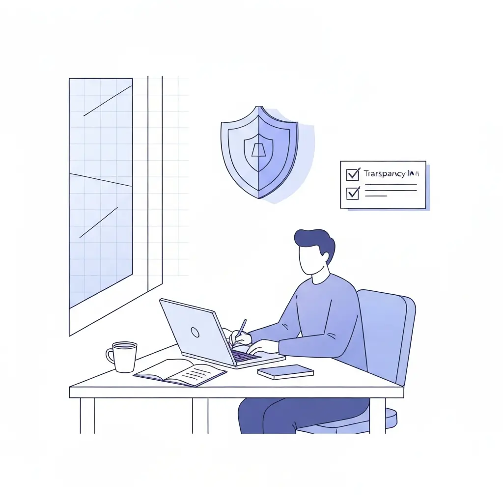 Estudante universitário a trabalhar na tese com laptop, representando o uso ético da IA e transparência na escrita académica