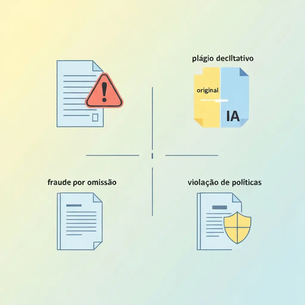 Infográfico ilustrando as três categorias de plágio com IA em contexto académico: plágio declarativo, fraude por omissão e violação de políticas institucionais