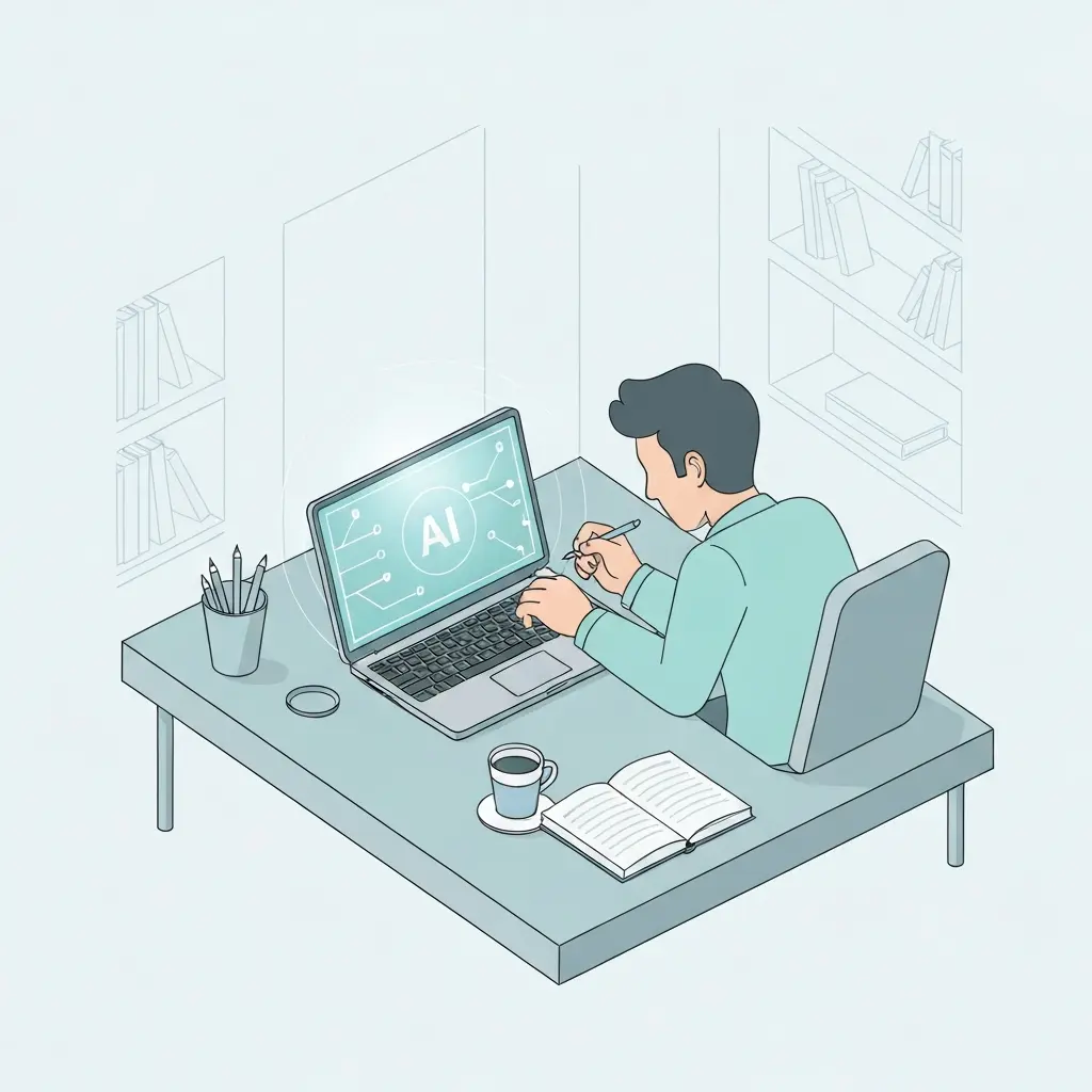 Estudante universitário a usar IA na escrita da tese com revisão crítica e declaração de uso — escrita académica responsável