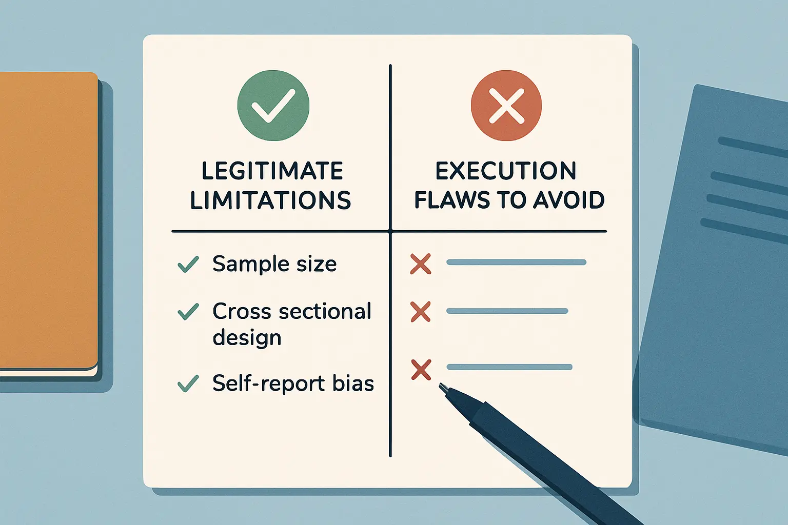 Diagrama comparativo entre limitações metodológicas legítimas e falhas de execução a evitar na secção de limitações da tese