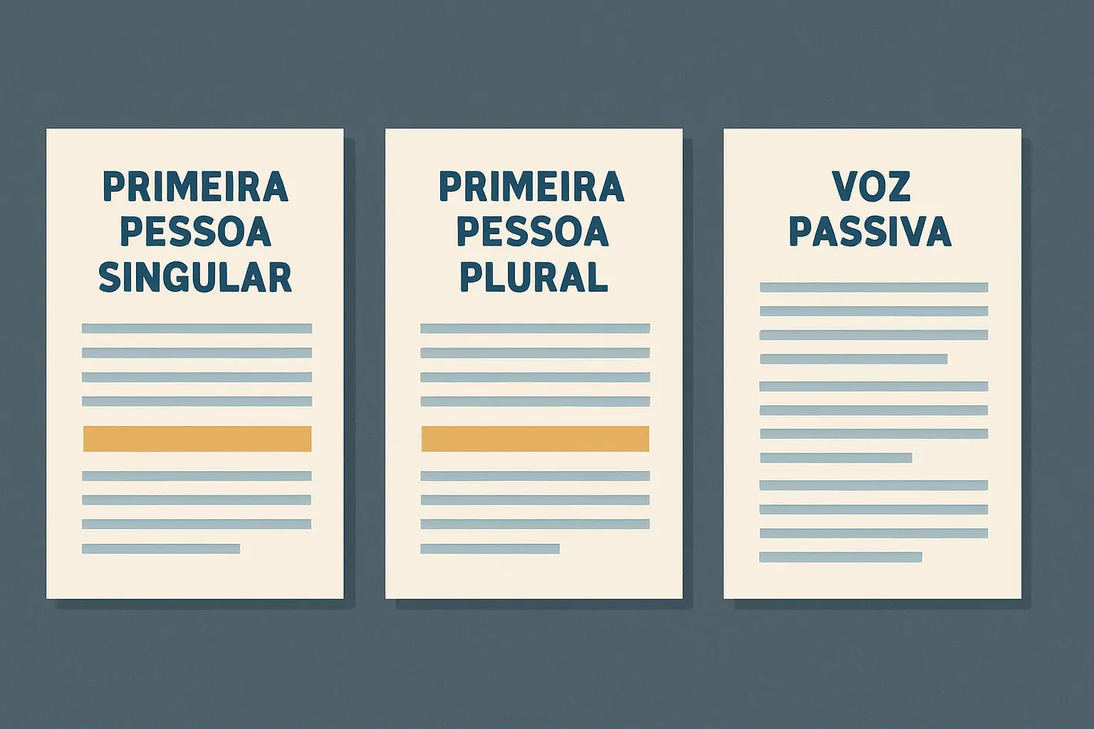 Ilustração comparativa das três opções de voz autoral na tese: primeira pessoa singular, plural e voz passiva