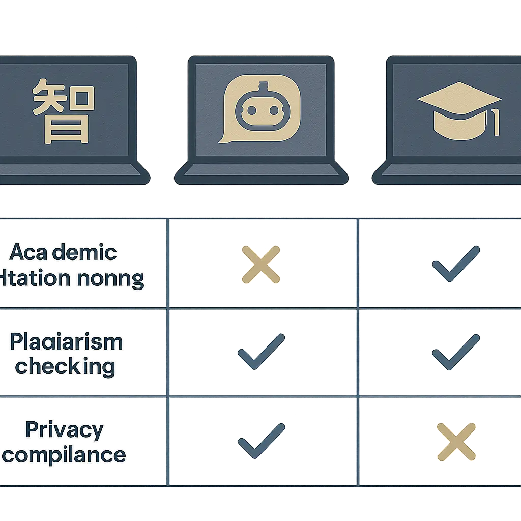 Comparação visual de três ferramentas de inteligência artificial para teses: critérios de normas de citação, antiplágio e privacidade RGPD