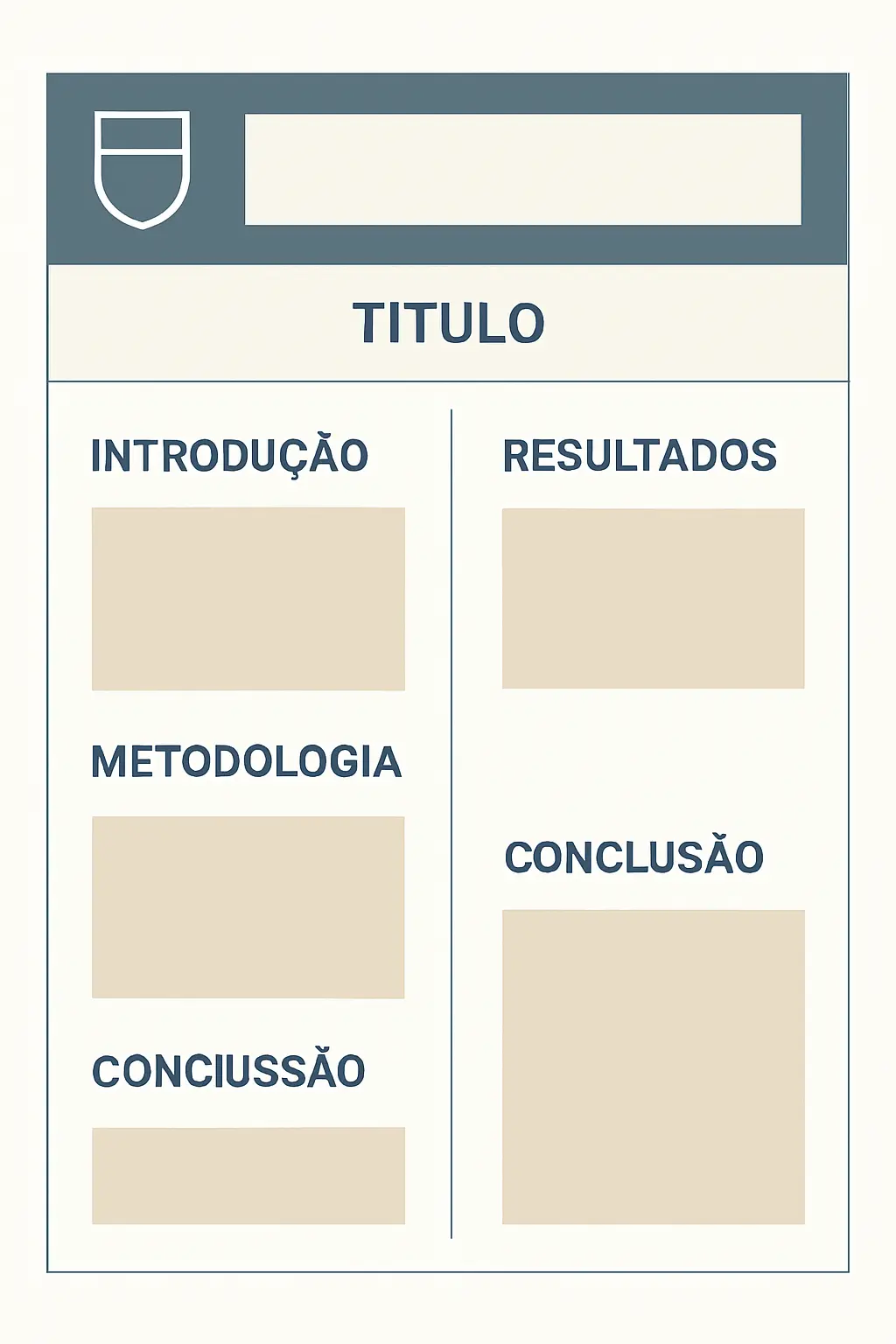 Diagrama de layout de banner de TCC mostrando a estrutura em colunas com cabeçalho institucional, título, autores, introdução, metodologia, resultados e conclusão