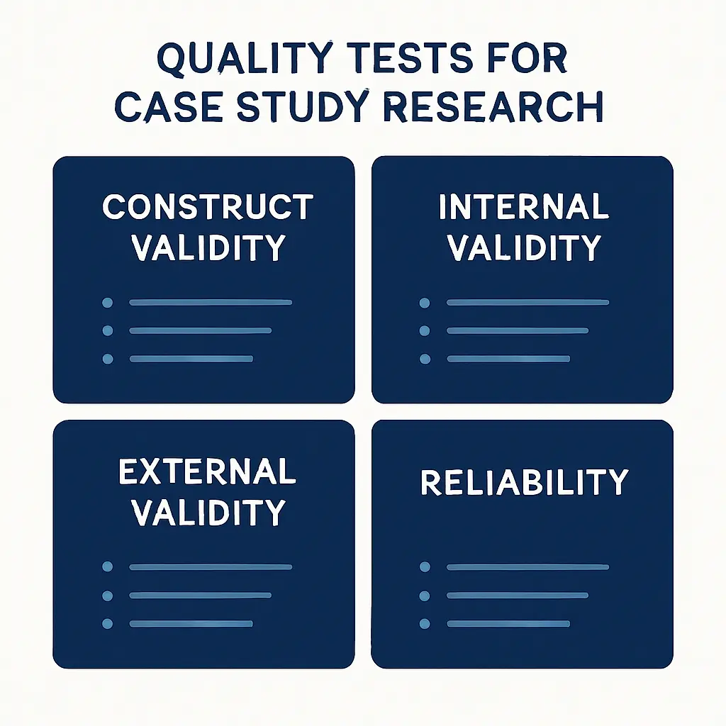 Diagrama dos quatro testes de qualidade do estudo de caso segundo Yin: validade de construto, interna, externa e fiabilidade com táticas associadas