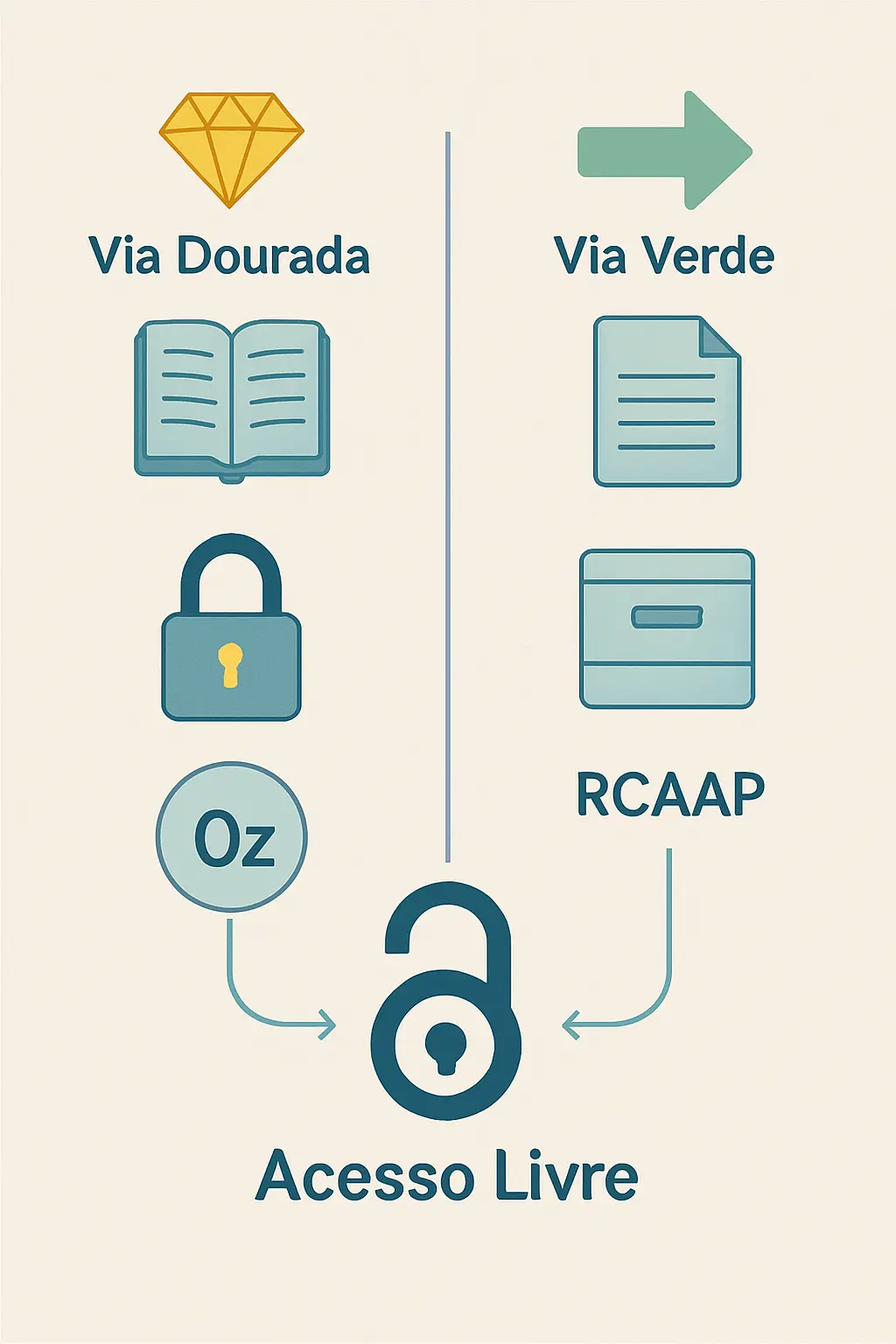 Diagrama comparativo das duas vias de acesso aberto: via dourada (publicação direta em revista OA sem APC) e via verde (depósito no repositório RCAAP após publicação em revista de assinatura)